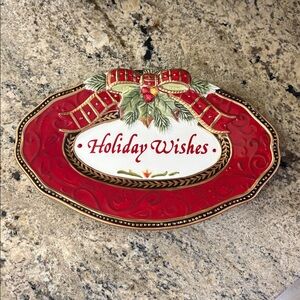 Fitz and Floyd Red and Gold Holiday Wishes small tray  Plate sentiment